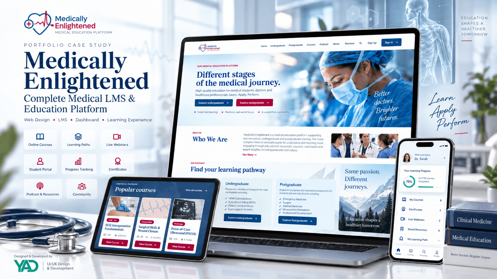 Medically Enlightened medical education LMS shown across desktop, tablet, and mobile devices