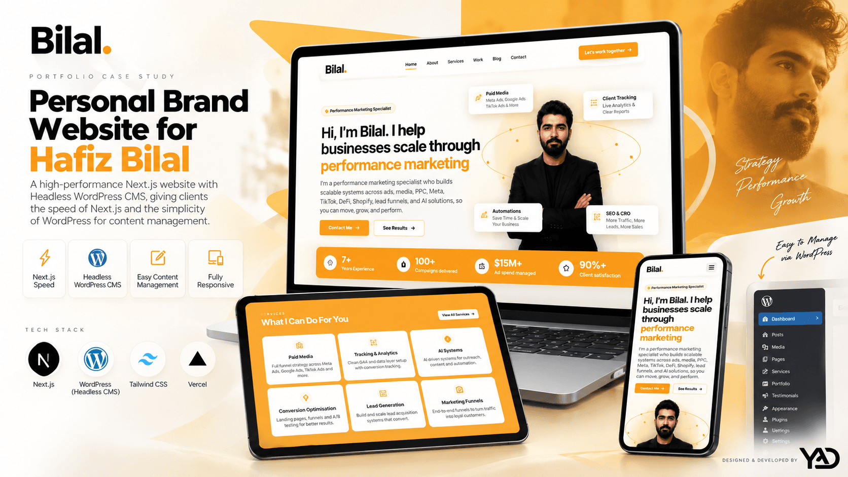 Hafiz Bilal personal brand website shown across desktop, tablet, and mobile devices with WordPress content management