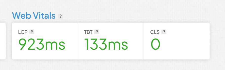 GTmetrix Web Vitals report showing LCP 923 milliseconds, TBT 133 milliseconds, and CLS 0