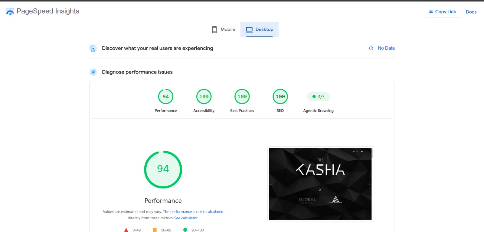 PageSpeed Insights desktop report showing Performance 94, Accessibility 100, Best Practices 100, and SEO 100
