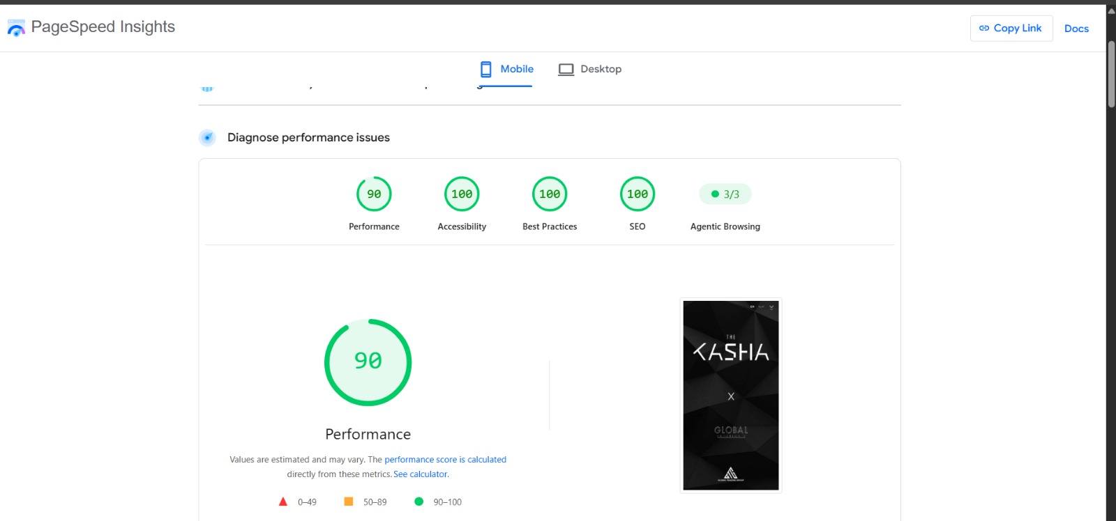 PageSpeed Insights mobile report showing Performance 90, Accessibility 100, Best Practices 100, and SEO 100
